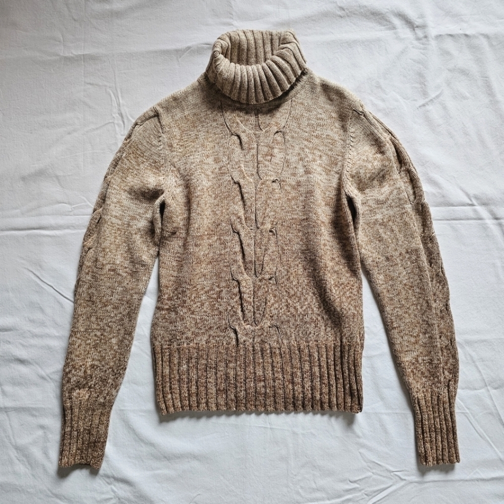 High Serra cotton beige brown gradient cable knit rib stitch slim turtleneck